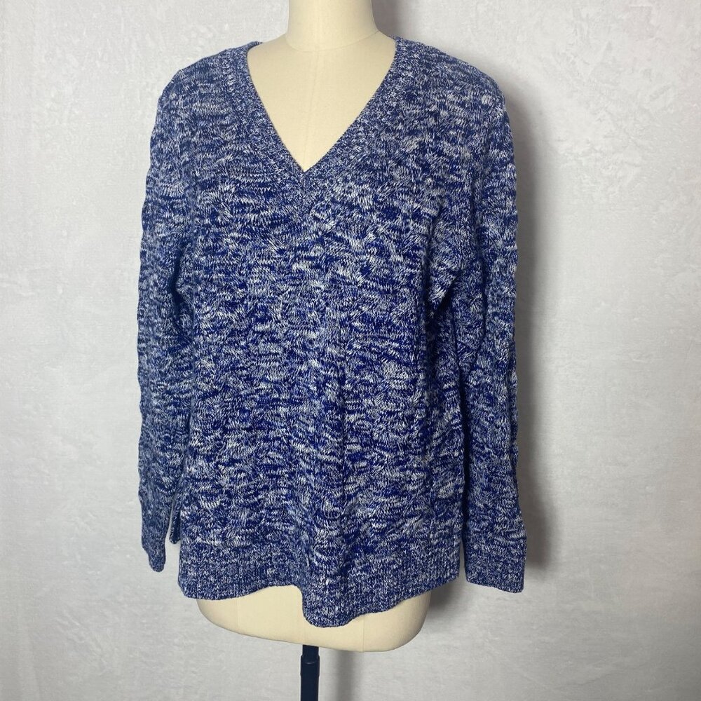 Lands End Womens Blue‎ & White V-Neck Sweater Winter Warm Mature Chic Office